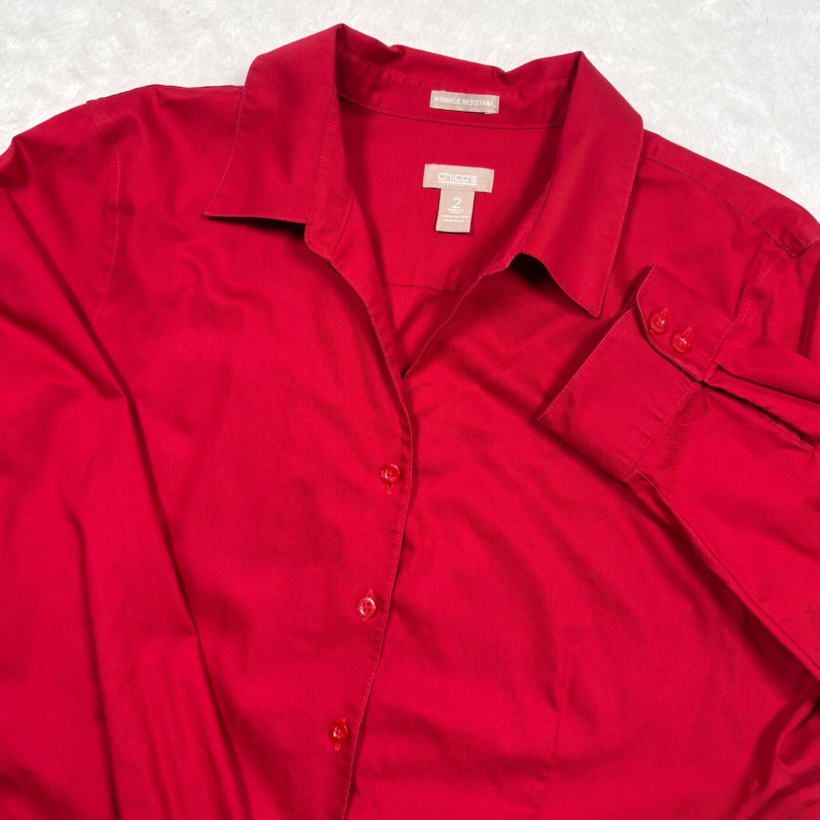 Chicos Button Shirt Tunic Women 2 Red No Wrinkle Cotton Long Sleeve